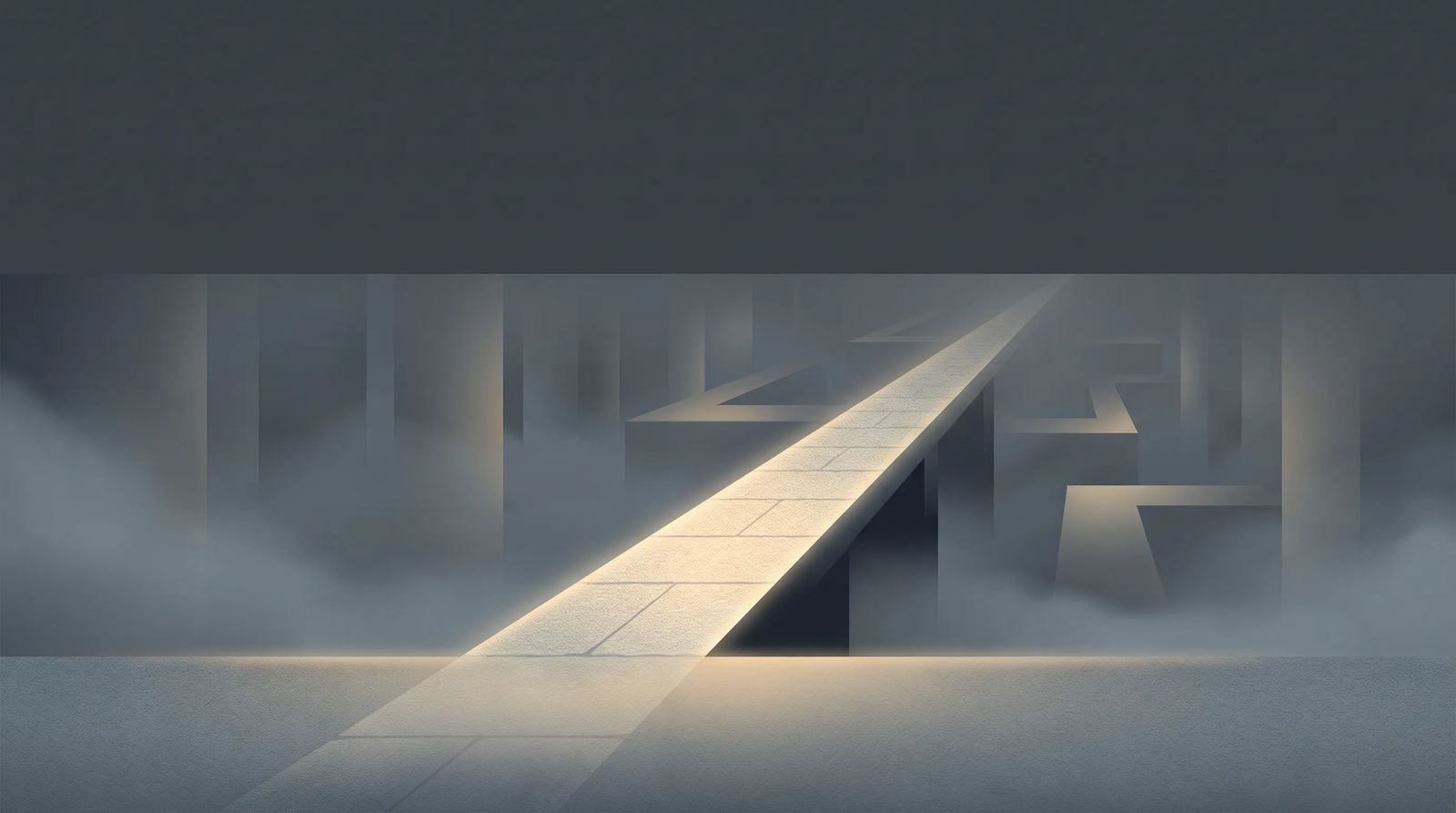 A single lit path cutting clearly through a foggy maze, representing a step-by-step process for diagnosing a traffic drop.