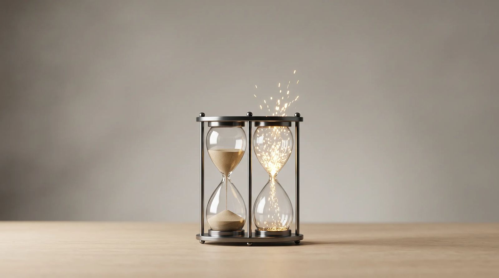 An hourglass shows slow, steady sand falling on one side and a quick burst of bright light on the other, symbolizing the choice between content built to last and content built for the moment.
