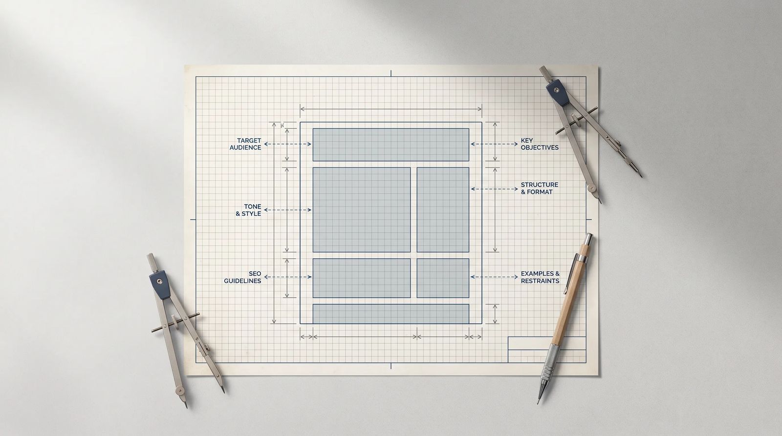 A blueprint-style document with precise grid lines and annotations, representing a detailed spec-like content brief