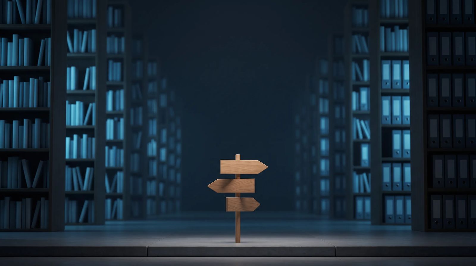 A small signpost points toward a few paths at the edge of a huge, sprawling digital library, suggesting a modest guide surrounded by a much bigger system that may not be paying attention