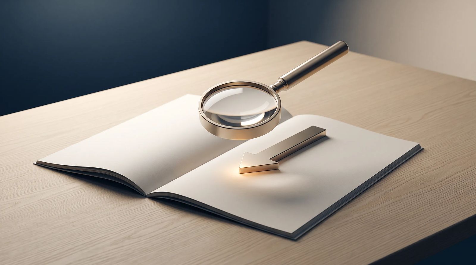 A magnifying glass and an arrow pointing toward a target meet at the same spot on a page, representing search visibility and persuasion working toward one goal.