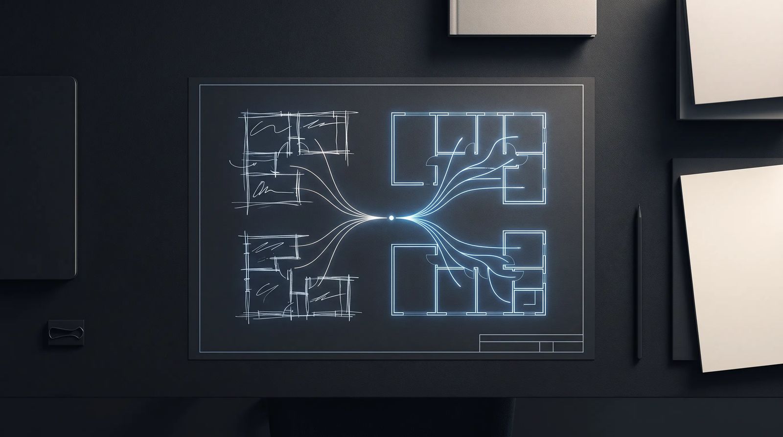 An abstract blueprint of branching, connected shapes suggesting a structured plan coming together before the real work begins.