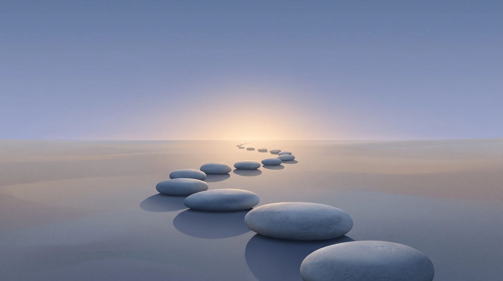 A winding path of connected stepping stones leading toward a glowing horizon, symbolizing a deliberate content sequence rather than a fixed schedule.