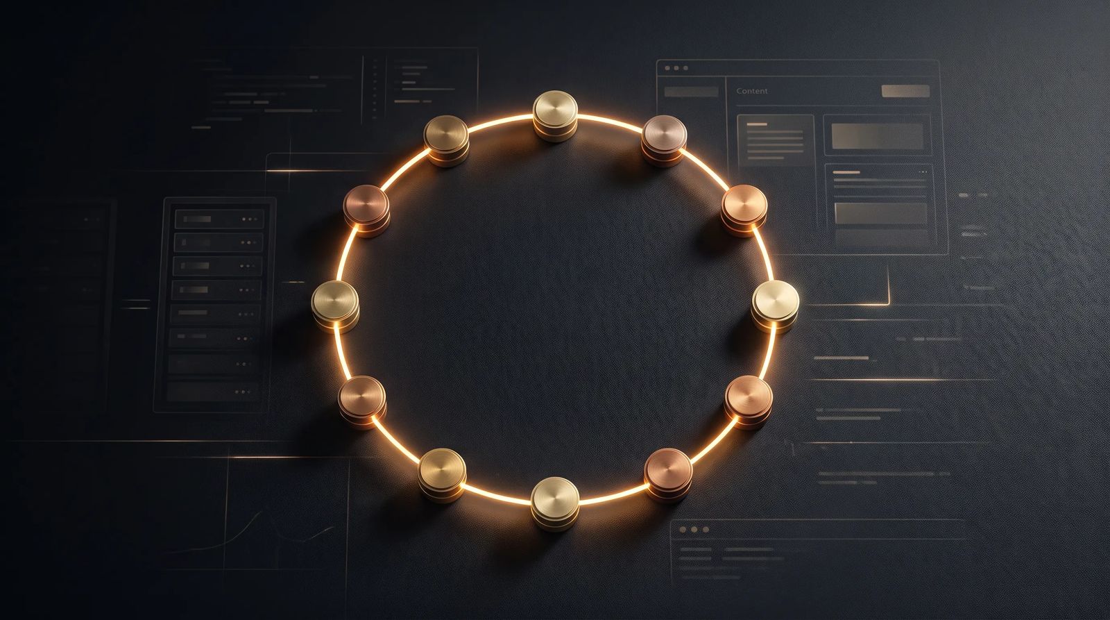 A glowing circular loop connecting four points, representing a continuous automated cycle running on its own