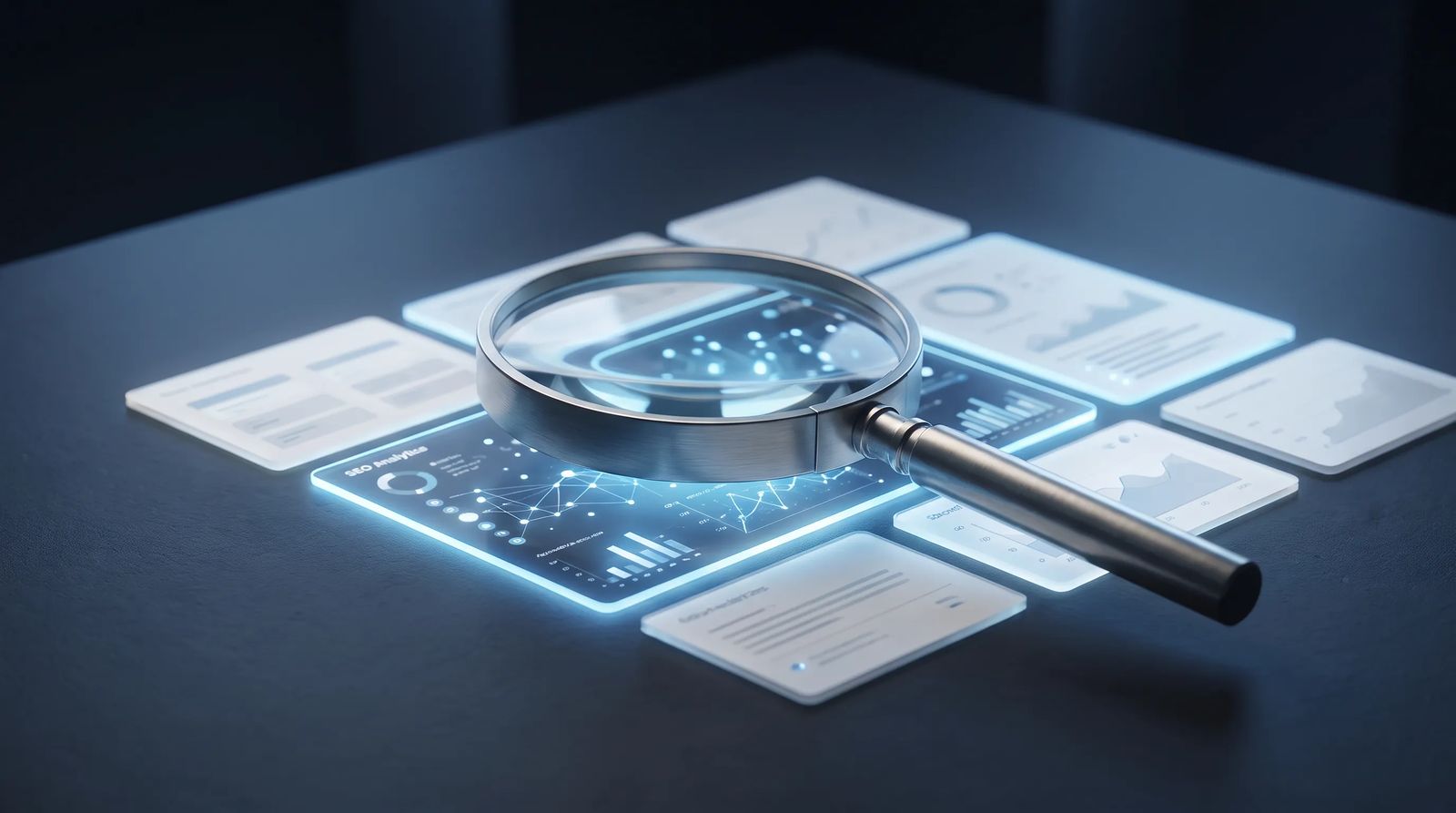 A magnifying glass examining a glowing dashboard of website search data, symbolizing a step-by-step SEO audit