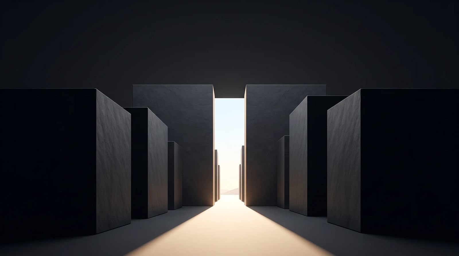 A narrow clear path winding between towering obstacles toward open light, representing the search for a winnable opening in a crowded field.