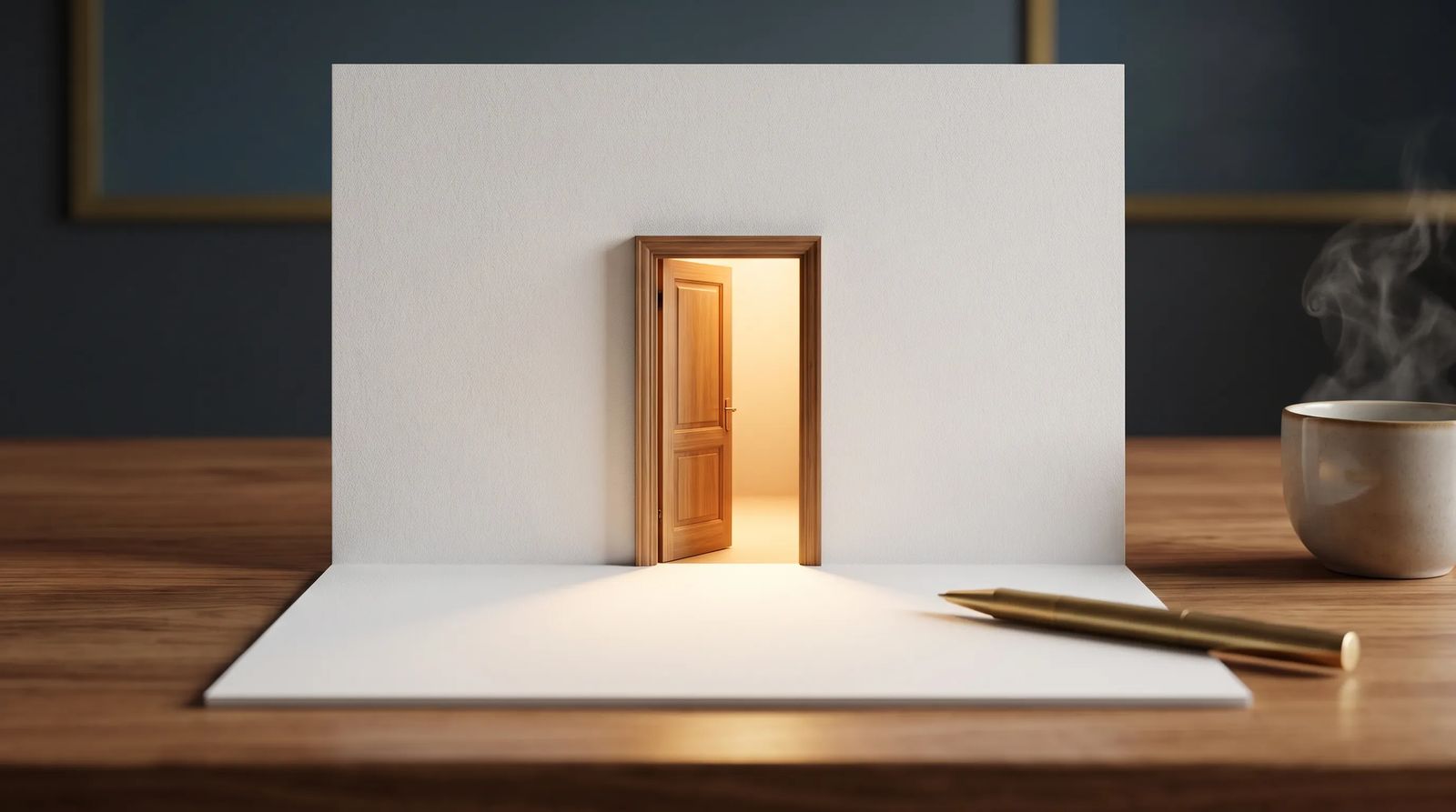 A glowing doorway opening onto a blank page, symbolizing the start of a piece of writing